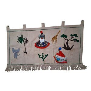 African Women Folk Art Wall Tapestry Elephant Giraffe Monkey Trees